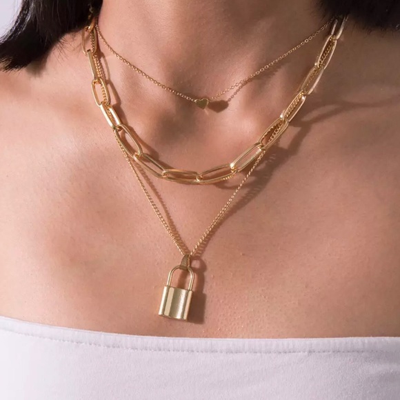 My Added Sparkle Jewelry - Gold Multi Layered Lock & Heart Chain Necklace
